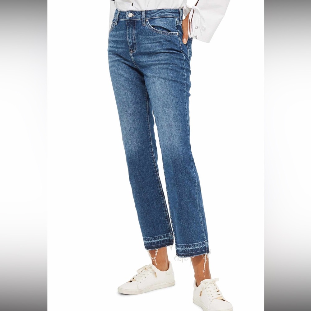 NWT Topshop MOTO Dree Indigo Cropped Kick Flare Jeans Raw Hem Anthropologie